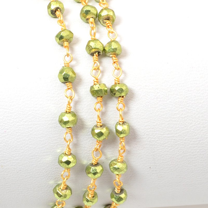 Gemstone Chain - 4mm Faceted Bead on Wire Link - Metallic Green / Gold Plated (f