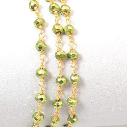 Gemstone Chain - 4mm Faceted Bead on Wire Link - Metallic Green / Gold Plated (f