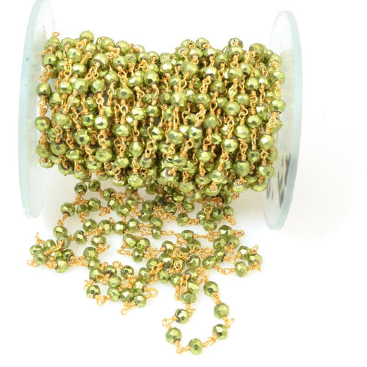 Gemstone Chain - 4mm Faceted Bead on Wire Link - Metallic Green / Gold Plated (f