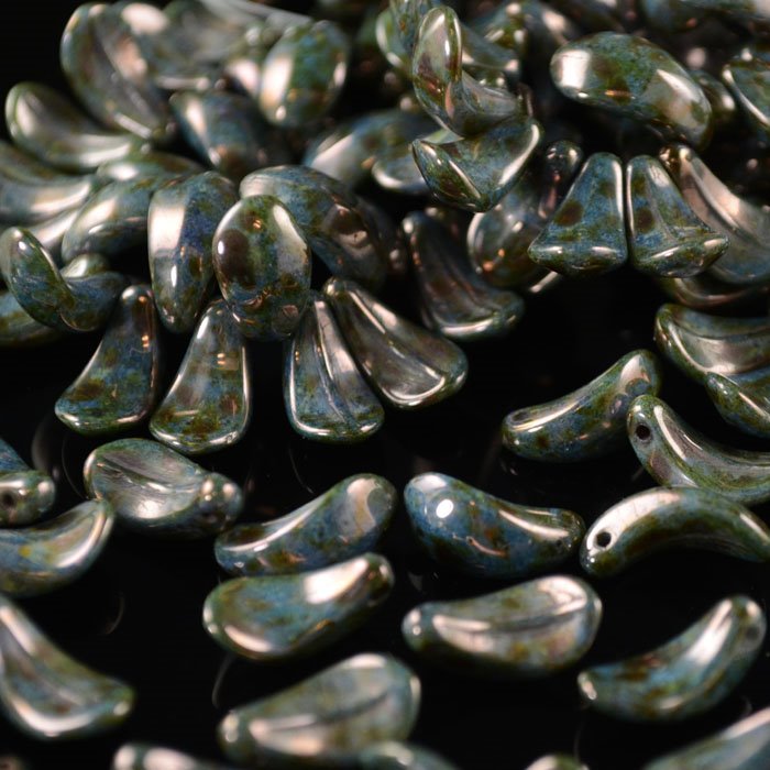 Glass Bead Curved Petal - 7x12mm - Green Turquoise Bronze Lustre (10)