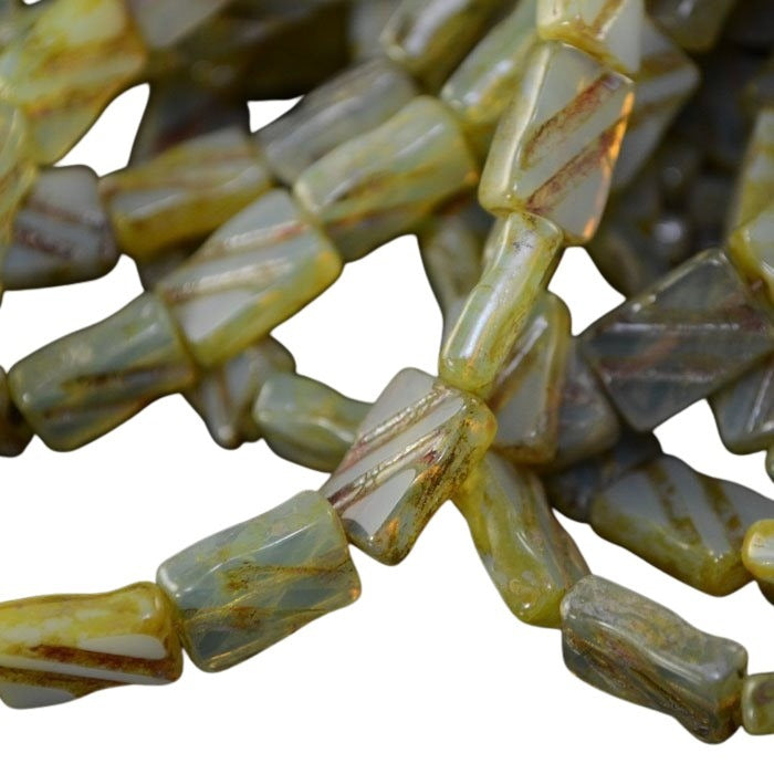 Glass Bead Double Lines - Carved Flat Rectangle - 9x13mm - Lichen Opal