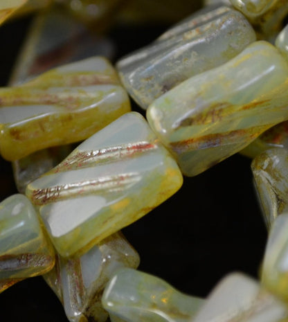 Glass Bead Double Lines - Carved Flat Rectangle - 9x13mm - Lichen Opal