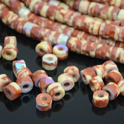 Fire Polish - 8x6mm - Tri-Cut Roller Beads - Matte Hazel Cream AB (strand 25)