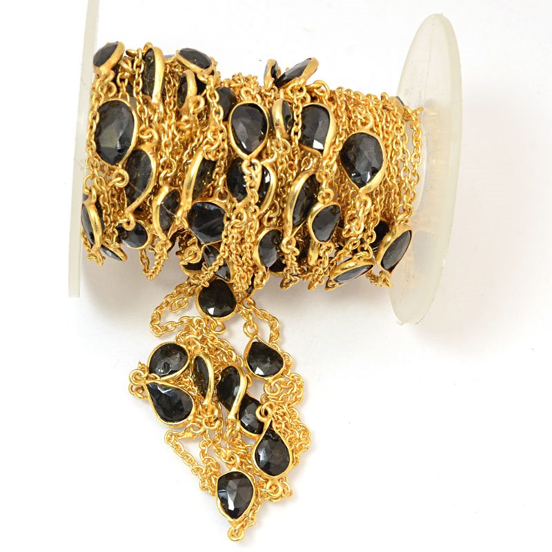 Gemstone Chain -  Mounted Faceted Stone - Black Onyx / Gold Plated (foot)