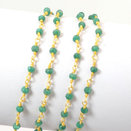 Gemstone Chain - 3mm Faceted Rondelle on Wire Link - Green Onyx / Gold Plated (f