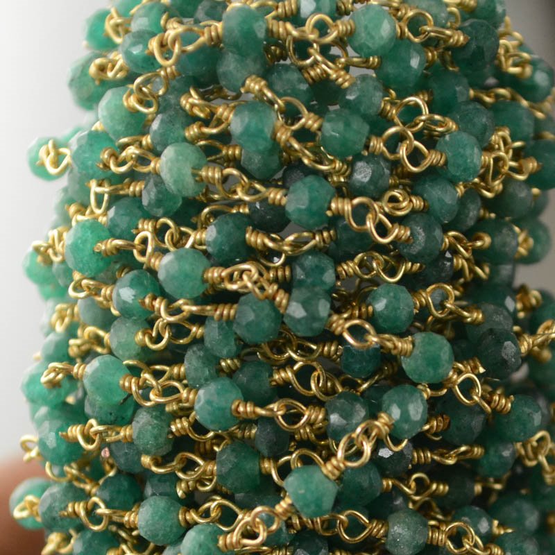 Gemstone Chain - 3mm Faceted Rondelle on Wire Link - Green Onyx / Gold Plated (f