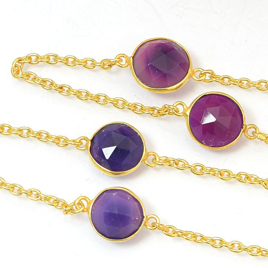 Gemstone Chain -  Mounted Faceted Stone - Berry Chalcedony / Gold Plated (foot)