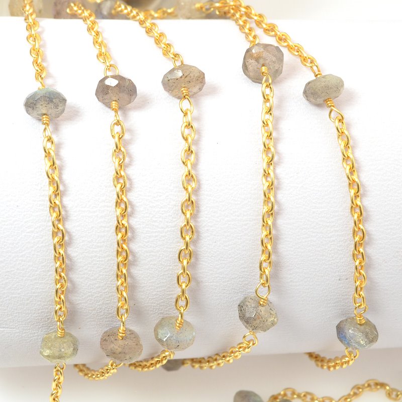 Gemstone Chain - 5mm Faceted Rondelle on Wire Link with Chain - Labradorite / Go