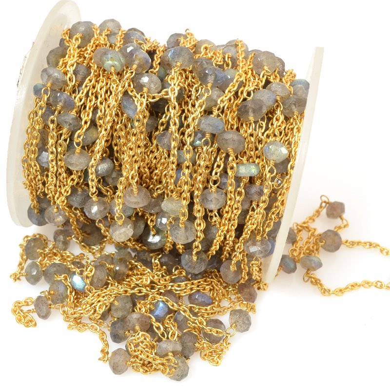 Gemstone Chain - 5mm Faceted Rondelle on Wire Link with Chain - Labradorite / Go