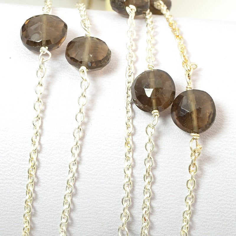 Gemstone Chain - 7mm Faceted Coin on Wire Link with Chain - Smokey Quartz / Silv