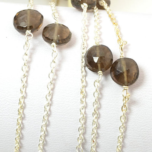 Gemstone Chain - 7mm Faceted Coin on Wire Link with Chain - Smokey Quartz / Silv