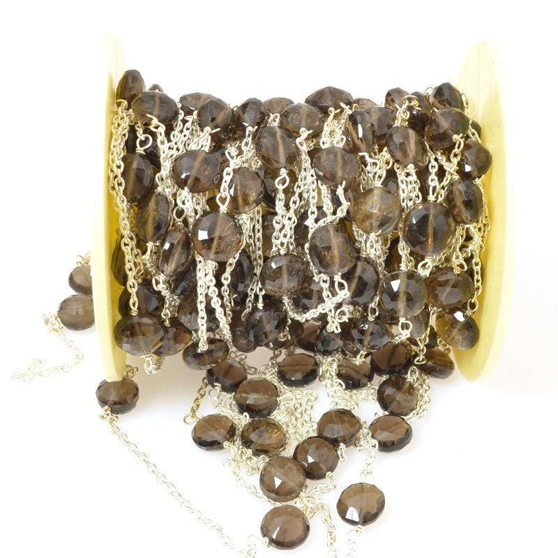 Gemstone Chain - 7mm Faceted Coin on Wire Link with Chain - Smokey Quartz / Silv