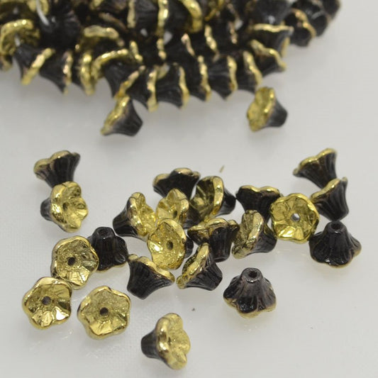 Glass Bead Flared Cup Pressed Bell - 7x5mm - Jet Aurum (25)