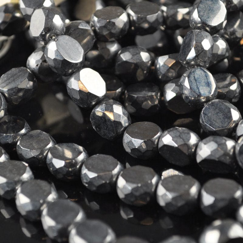Fire Polish - 10mm - Faceted Windows - Gunmetal (strand 25)