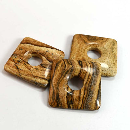 Stone Pendant - 40mm - Square Donut - Picture Jasper