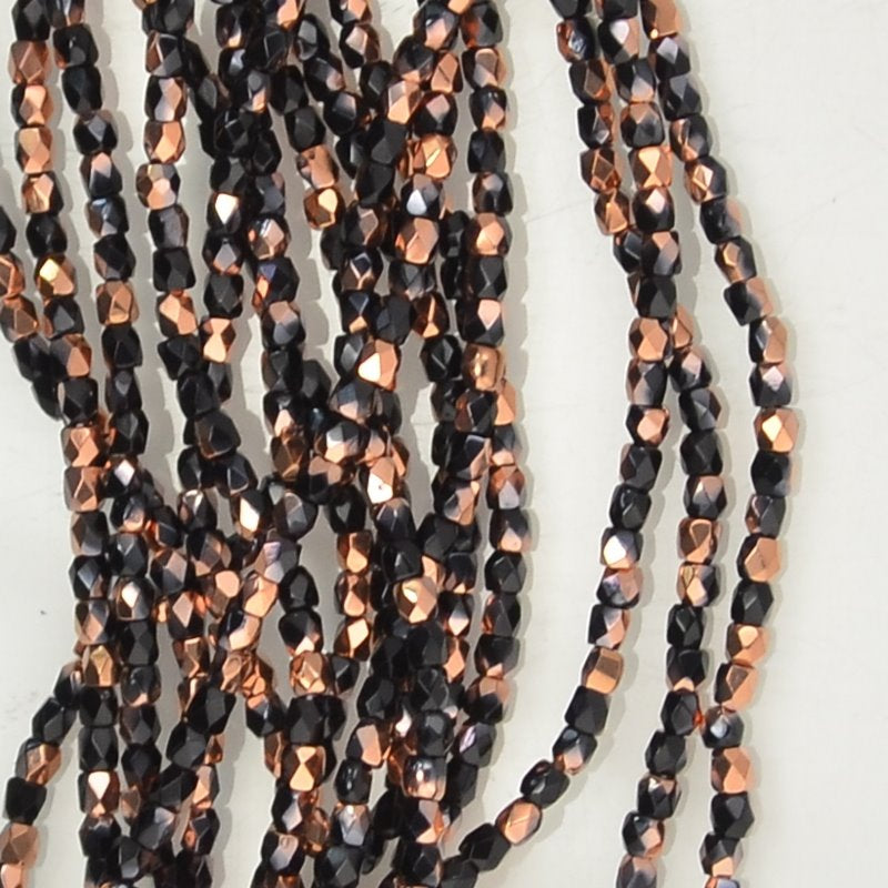 Fire Polish Faceted Round - True 2mm - Jet Copper Capri (strand 150)