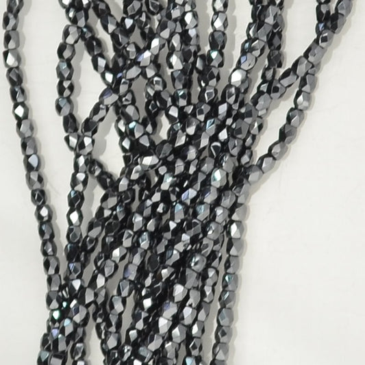 Fire Polish Faceted Round - True 2mm - Jet Vacuum Hematite Full (150)