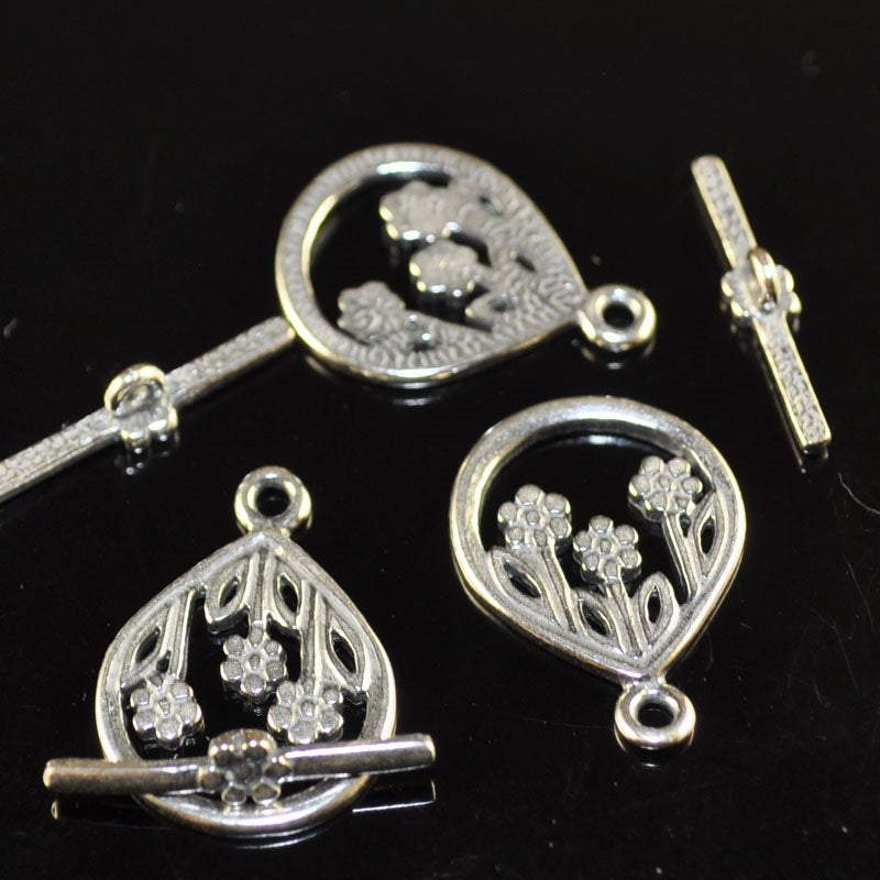 Toggle Clasp -  Flower Pear Window - Antiqued Silver