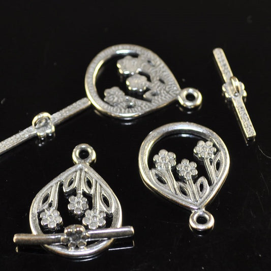 Toggle Clasp -  Flower Pear Window - Antiqued Silver