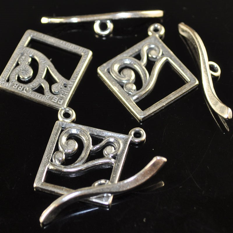 Toggle Clasp -  Square with Curliques - Antiqued Silver