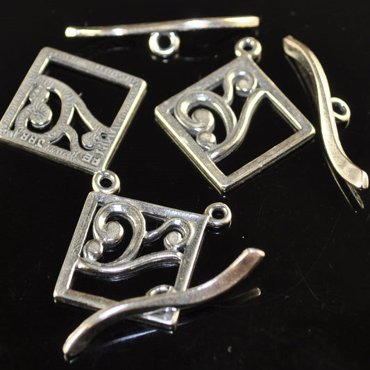 Toggle Clasp -  Square with Curliques - Antiqued Silver