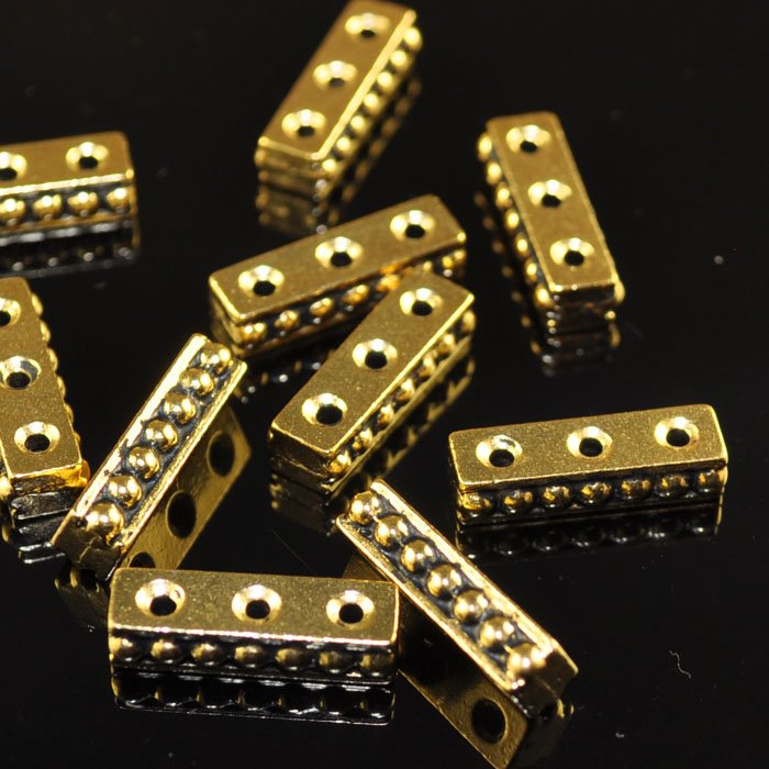 Separator/Connector - 3-Hole Beaded Bar - Antique Gold
