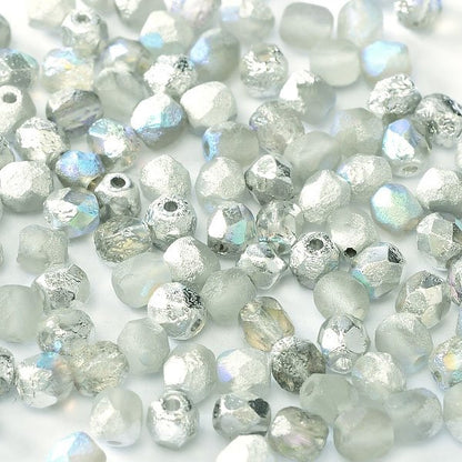Fire Polish Faceted Round - 4mm - Crystal Etched Silver Rainbow (50)