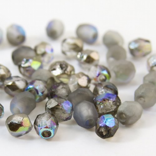 Fire Polish Faceted Round - 4mm - Crystal Etched Graphite Rainbow (50)
