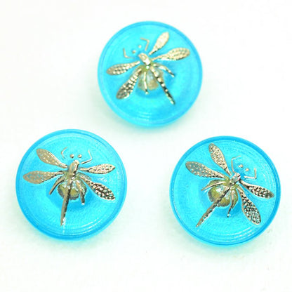Czech Glass Button - 18mm Embossed Dragonfly - Electric Aqua