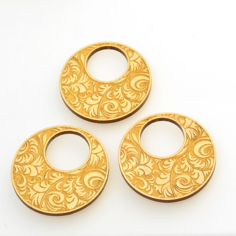 Pendant -  Maple Wood Round Pendant - Swirly Feathers