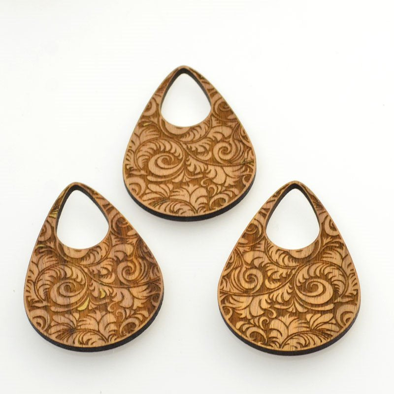 Pendant -  Walnut Wood Drop Pendant - Swirly Feathers