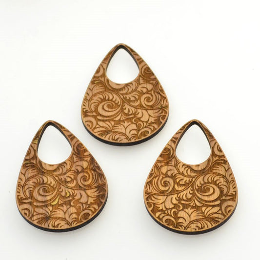 Pendant -  Walnut Wood Drop Pendant - Swirly Feathers