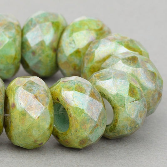 Fire Polish - Big Hole Faceted Rondelle Donut - Greenstone Luster (5)