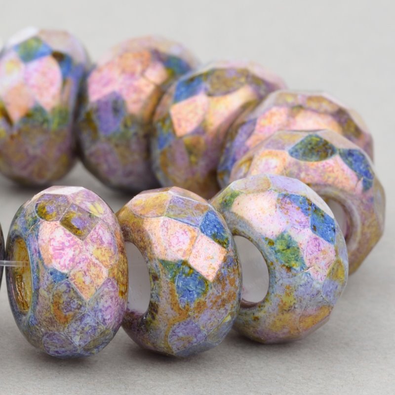 Fire Polish - Big Hole Faceted Rondelle Donut - Purple Lustre Picasso (5)