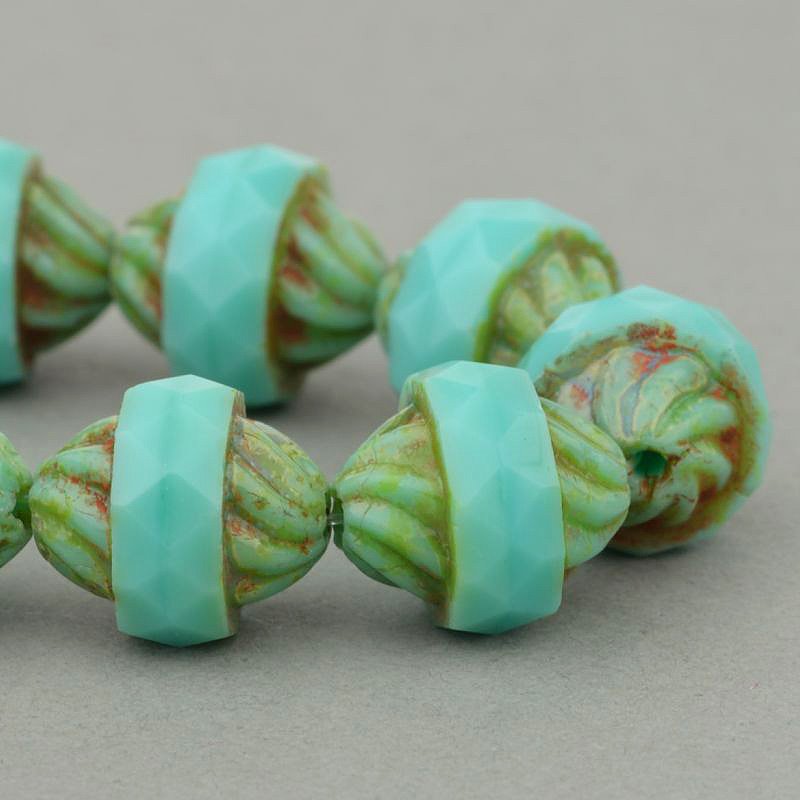 Fire Polish Beads Spiral Central Cut - Green Turquoise Picasso (10)