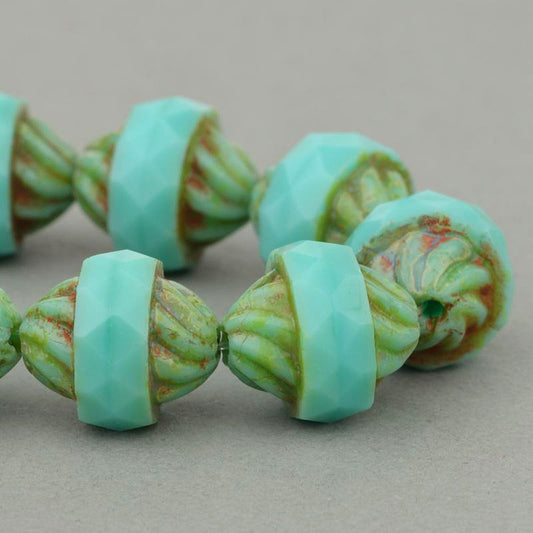 Fire Polish Beads Spiral Central Cut - Green Turquoise Picasso (10)