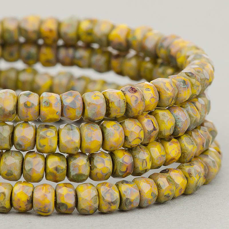 Fire Polish - 3x2mm - Faceted Rondelle - Mustard Picasso (50)