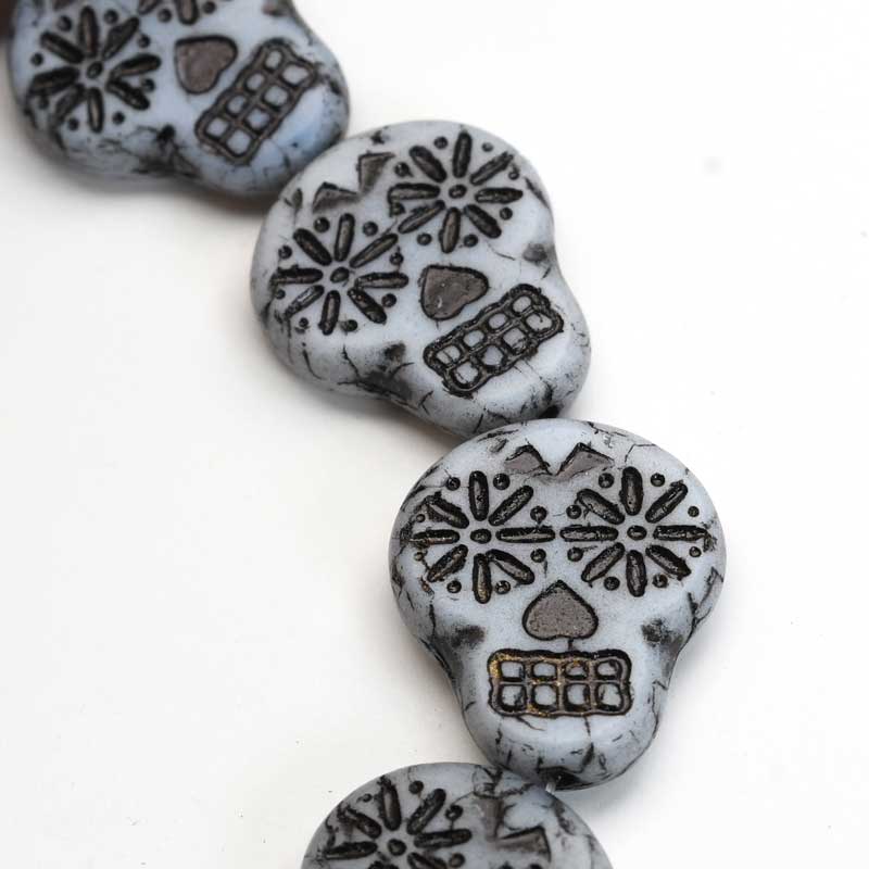 Czech Glass -  Sugar Skull - Black Washed Grey (10)
