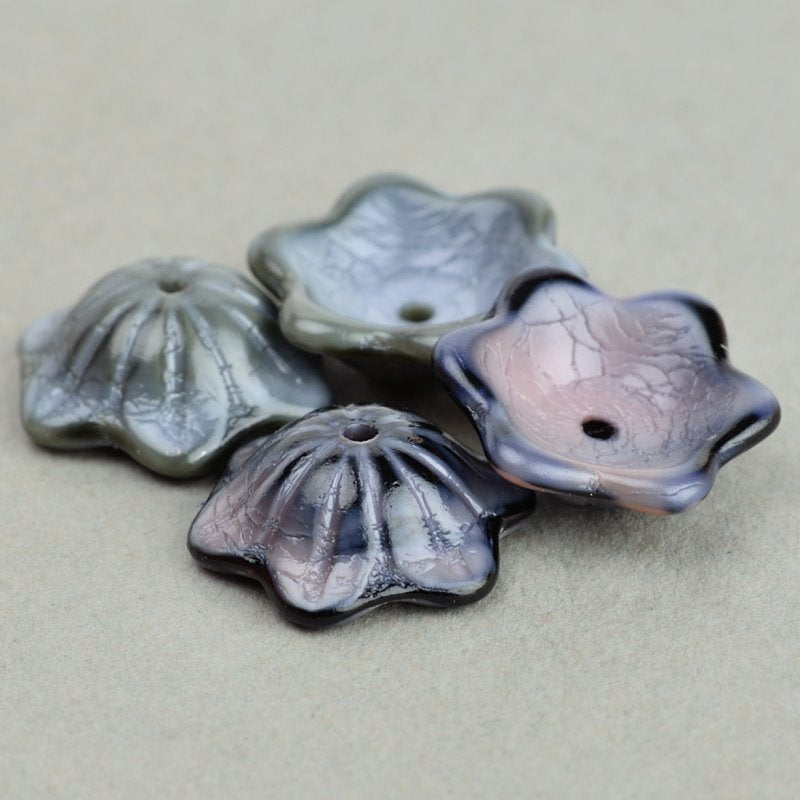 Glass Bead Wide Lotus Blossom - 13mm - Pink Jet Silk Mix (15)