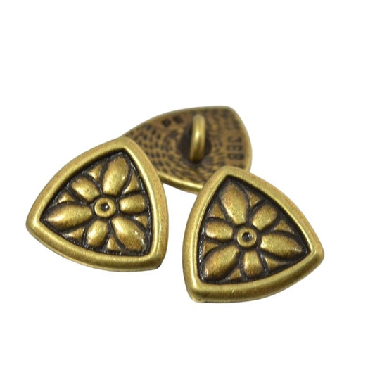 Metal Buttons -  Flower Shield - Antiqued Brass