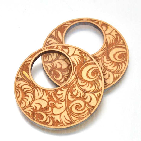 Pendant -  Cherry Wood Round Pendant - Swirly Feathers