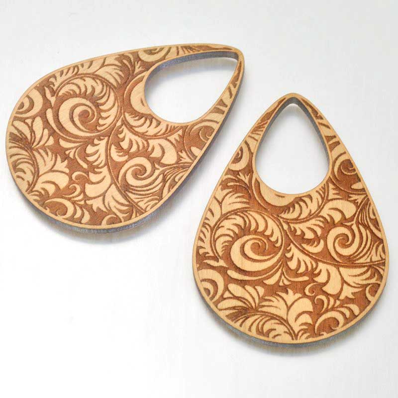 Pendant -  Cherry Wood Drop Pendant - Swirly Feathers