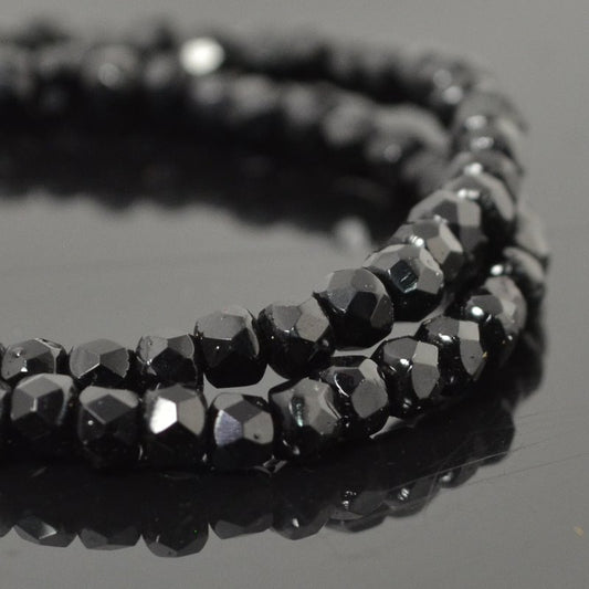 Fire Polish - 3x2mm - Faceted Donut Rondelle - Jet Black (Strand 50)