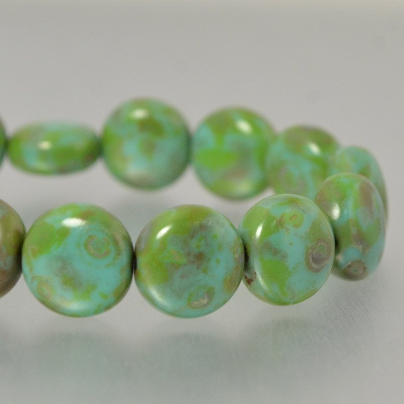 Czech Glass - 10mm Puff Coin - I Lichen Green (Strand 15)