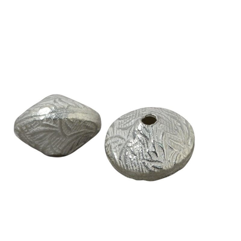 Metal Bead - Leaf Pattern Bicone - Bright Silver