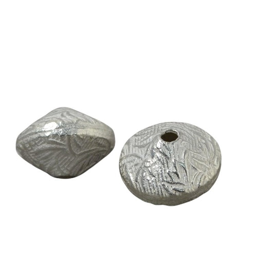 Metal Bead - Leaf Pattern Bicone - Bright Silver