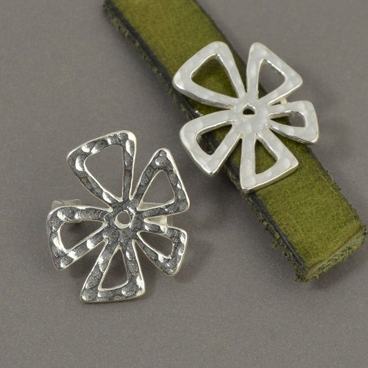 Beads - 10mm Flat Leather -  Hammered Crazy Flower - Sterling