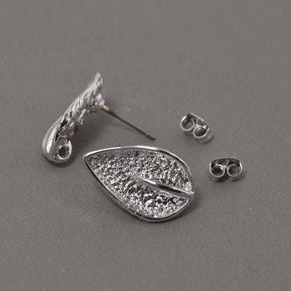 Earring -  Leaf Stud with Ring and Clutch - Silverplated (Pair)