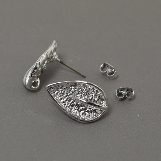 Earring -  Leaf Stud with Ring and Clutch - Silverplated (Pair)