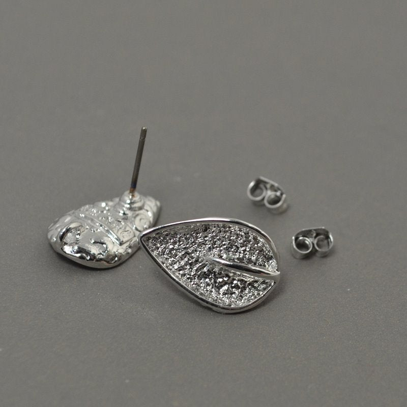 Earring -  Leaf Stud with Ring and Clutch - Silverplated (Pair)